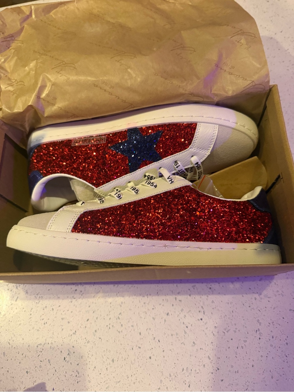 Vintage Havana Red Glitter Sneakers with Blue Star Accent